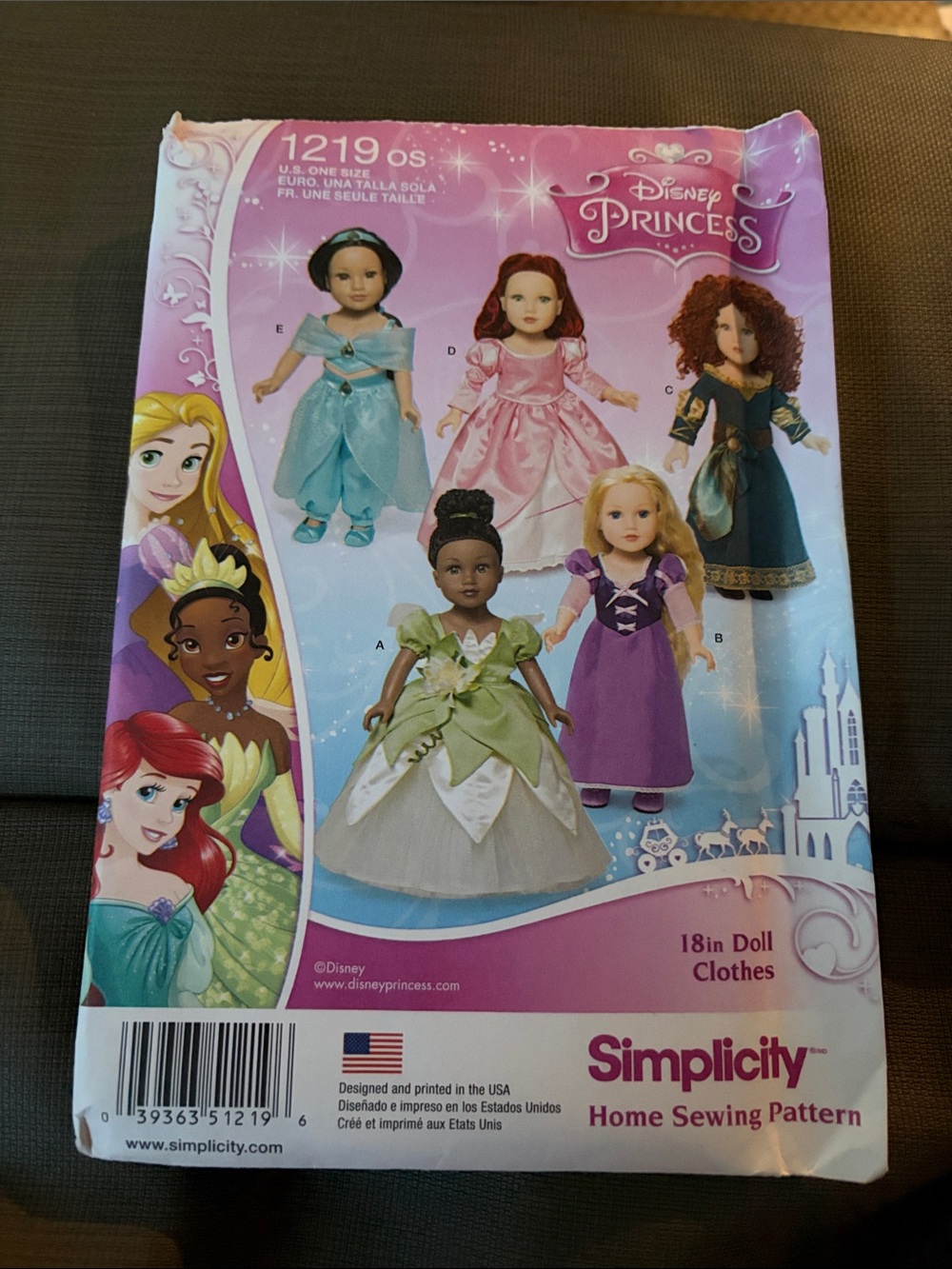 Simplicity Disney Princess 18in Doll Clothes Pattern - Pink, Purple & Green